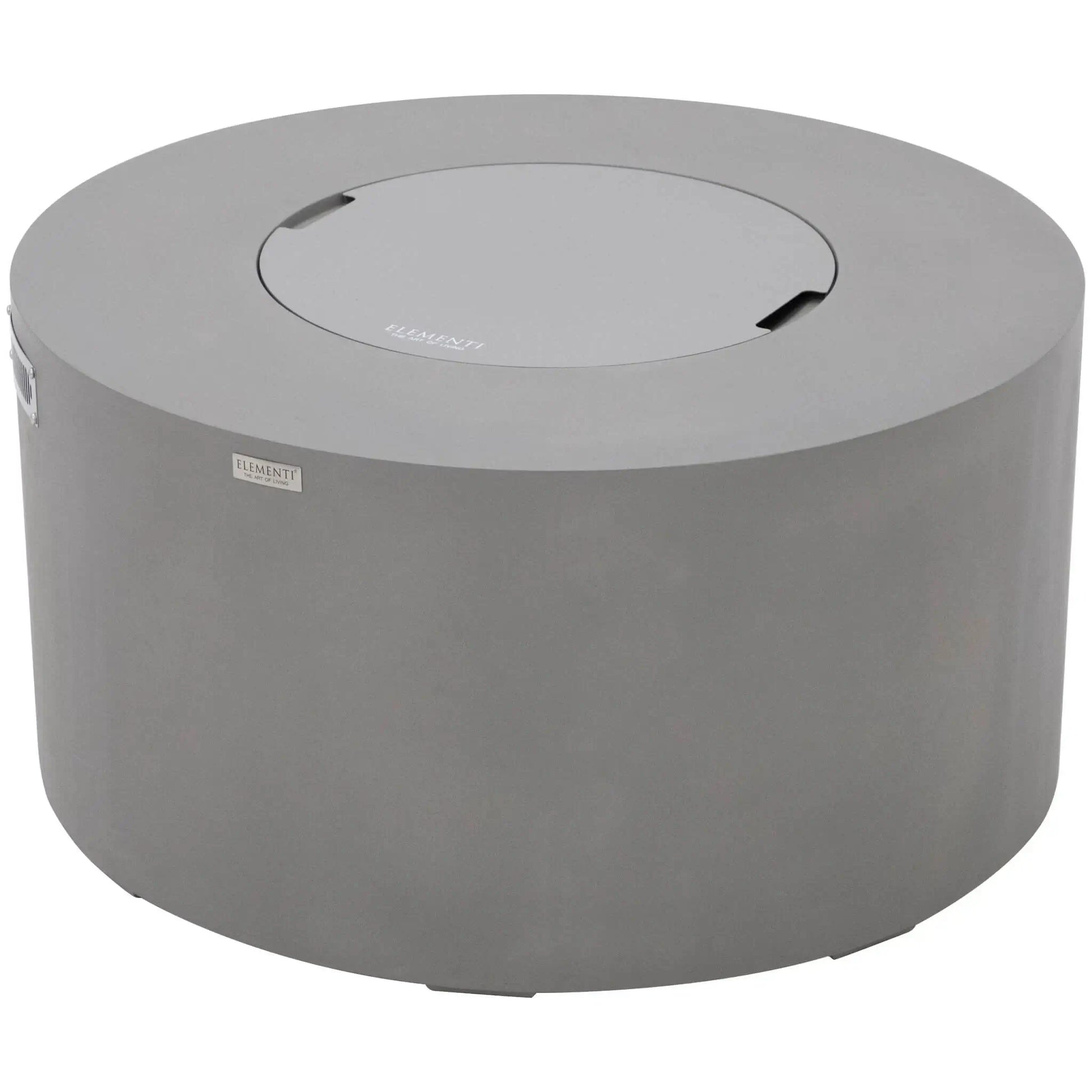 Angled product view of the Elementi Art of Living Pacaya Light Grey round fire pit table featuring a matching center burner lid and durable GFRC concrete construction. Displayed on a white background, the image emphasizes the seamless circular design, premium finish, hidden burner compartment, and elegant coffee-table functionality for outdoor living spaces.