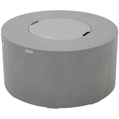 Angled product view of the Elementi Art of Living Pacaya Light Grey round fire pit table featuring a matching center burner lid and durable GFRC concrete construction. Displayed on a white background, the image emphasizes the seamless circular design, premium finish, hidden burner compartment, and elegant coffee-table functionality for outdoor living spaces.