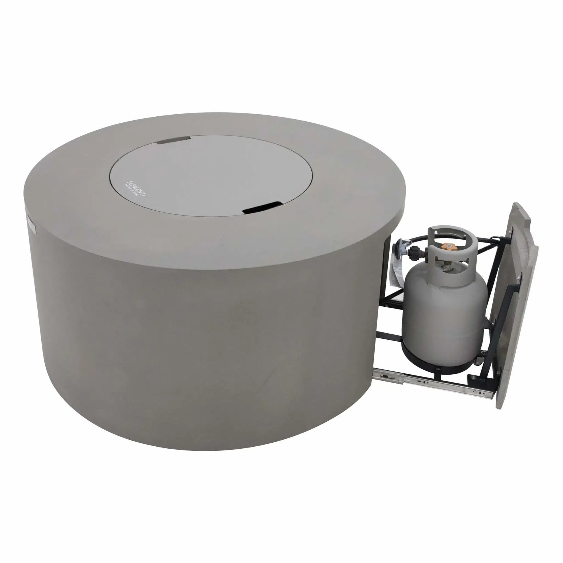 Elementi Art of Living Pacaya Light Grey round GFRC concrete fire pit table shown with its hidden propane drawer extended. The slide-out compartment reveals the concealed propane tank storage system, demonstrating the clean, clutter-free design, integrated fuel access, and practical hidden propane functionality that keeps outdoor living spaces organized and visually appealing.