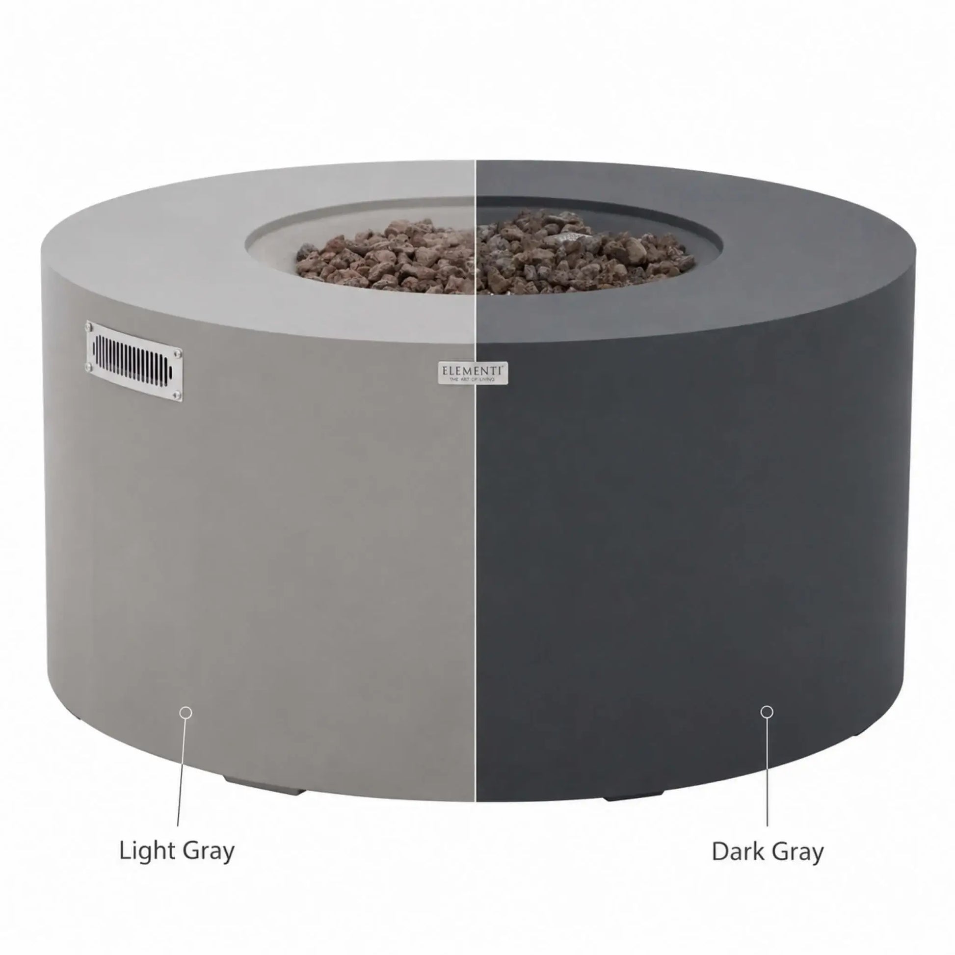Side-by-side finish comparison of the Elementi Art of Living Pacaya round GFRC concrete fire pit table, showing both Light Grey and Dark Grey color options. The image highlights the recessed lava rock burner area, modern circular silhouette, stainless steel vent panel, and premium concrete finish choices available for this outdoor propane fire pit table.