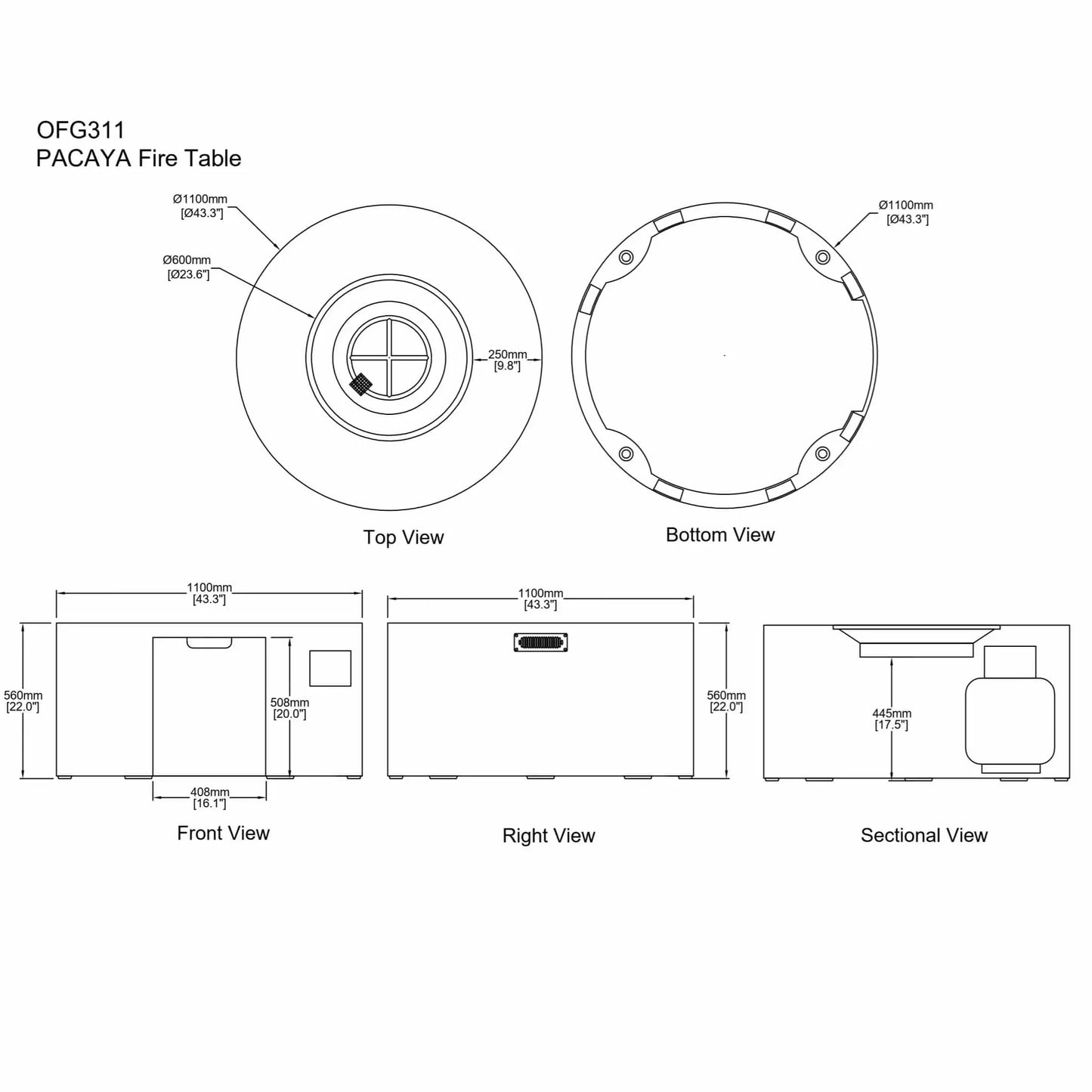 Technical specification sheet for the Elementi OFG311 Pacaya Fire Table featuring top, bottom, front, right-side, and sectional engineering views. The drawing illustrates the round GFRC concrete fire pit table dimensions, burner opening measurements, hidden propane drawer compartment, ventilation locations, structural layout, and overall product specifications used for installation planning and product reference.