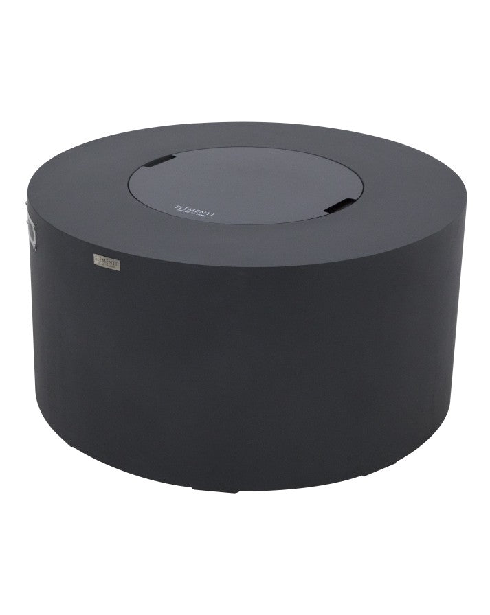 Elementi Pacaya Round Fire Pit Table in dark grey GFRC concrete, shown with its integrated burner cover. Designed for versatility, this sleek fire pit features a hidden propane tank and a removable lid, seamlessly transforming it into a functional outdoor table when not in use. Its minimalist, modern aesthetic and durable construction make it a stylish and practical addition to any patio or outdoor lounge.