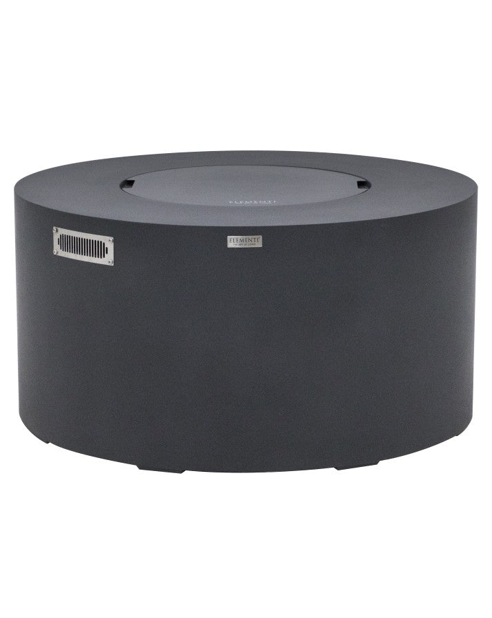 ementi Pacaya Round Fire Pit Table in dark grey GFRC concrete with a matching burner cover. This sleek and modern fire pit features a hidden propane tank design and a removable lid, allowing it to double as a functional table when not in use. The minimalist aesthetic and durable construction make it a stylish and versatile centerpiece for any outdoor space.