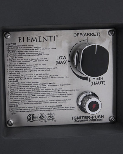 Close-up of the Elementi Pacaya Round Fire Pit Table’s control panel, featuring a stainless steel ignition system with an easy-to-use control knob and push-button igniter. The panel includes detailed lighting and safety instructions in English and French, ensuring a seamless and safe fire-starting experience. Certified for quality and safety, this sleek and functional design enhances the convenience of outdoor heating.