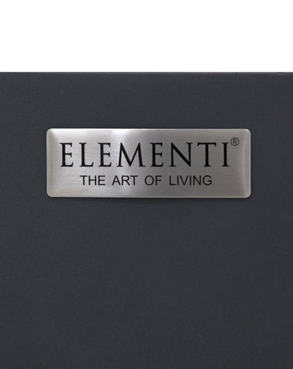 Close-up of the Elementi branding plaque on the Pacaya Round Fire Pit Table, featuring a sleek stainless steel nameplate with the inscription 'Elementi – The Art of Living.' Mounted on the dark grey GFRC concrete surface, this emblem represents the brand’s commitment to luxury outdoor design, craftsmanship, and modern fire pit innovation.