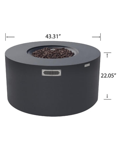 Elementi Pacaya Round Fire Pit Table in dark grey GFRC concrete with dimensions labeled: 43.31 inches in diameter and 22.05 inches in height. Featuring a hidden propane tank, a recessed burner filled with natural lava rocks, and a sleek ventilation panel, this modern fire pit blends functionality with contemporary outdoor design for a luxurious ambiance.
