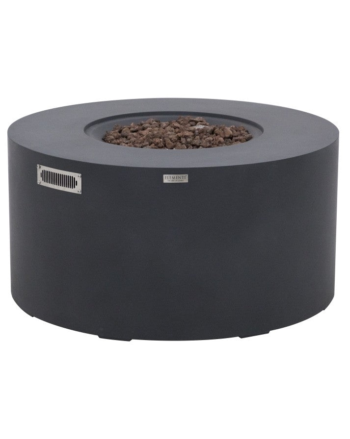 Elementi Pacaya Round Fire Pit Table in dark grey GFRC concrete, featuring a recessed burner filled with natural lava rocks. Designed with a hidden propane tank, sleek ventilation panel, and minimalist aesthetic, this modern fire pit combines durability and style, making it a perfect addition to luxury outdoor living spaces.