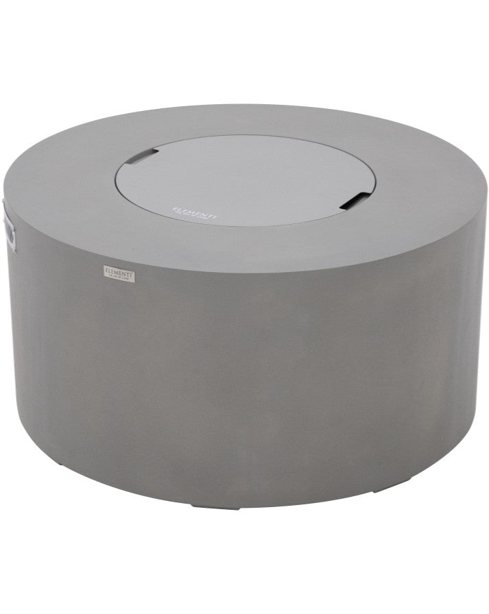 Elementi Pacaya Round Hidden Propane Tank Fire Pit Table in light grey GFRC concrete, featuring a flush-mounted burner cover for a sleek, contemporary design that effortlessly converts the fire pit into a stylish outdoor table.