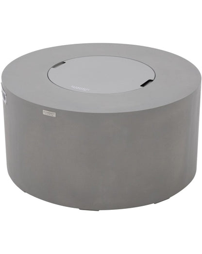 Elementi Pacaya Round Hidden Propane Tank Fire Pit Table in light grey GFRC concrete, featuring a flush-mounted burner cover for a sleek, contemporary design that effortlessly converts the fire pit into a stylish outdoor table.