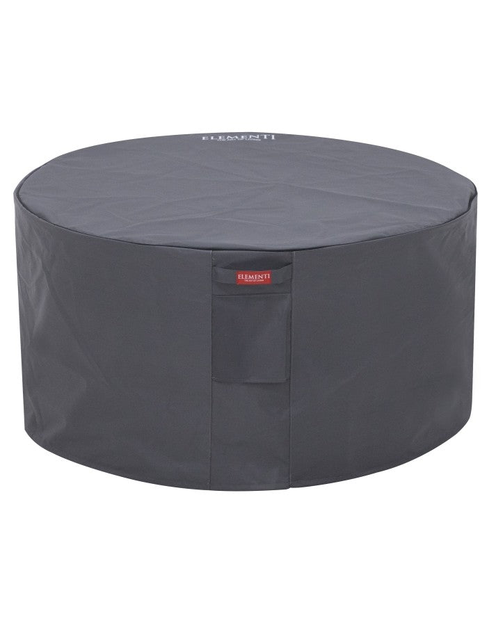 Elementi Pacaya Round Hidden Propane Tank Fire Pit Table covered with a premium weather-resistant canvas cover. Designed to protect the durable GFRC concrete fire pit from the elements, this custom-fit cover ensures longevity and keeps your outdoor centerpiece looking pristine year-round.