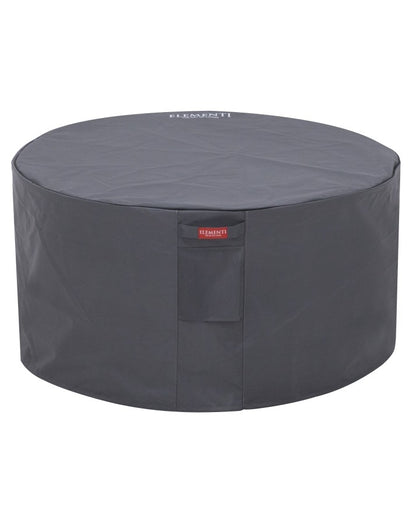Elementi Pacaya Round Hidden Propane Tank Fire Pit Table covered with a premium weather-resistant canvas cover. Designed to protect the durable GFRC concrete fire pit from the elements, this custom-fit cover ensures longevity and keeps your outdoor centerpiece looking pristine year-round.