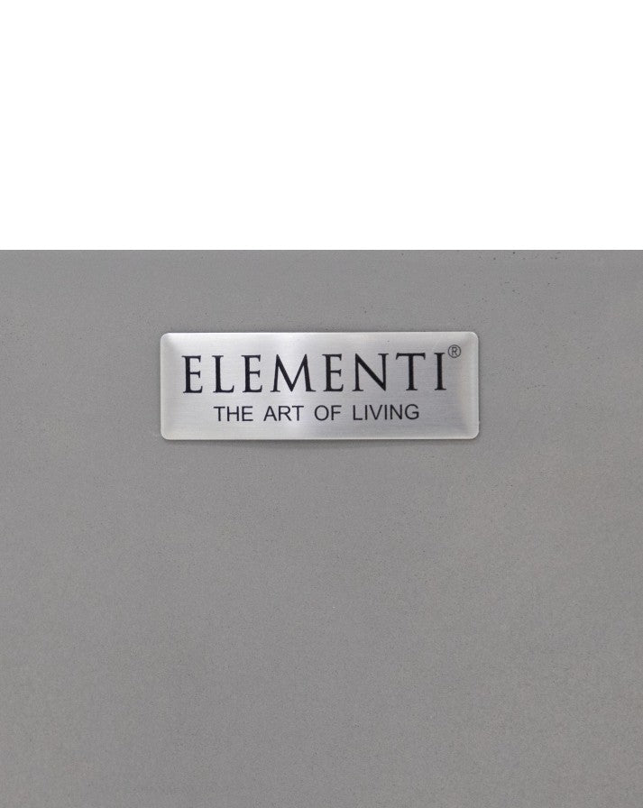 "Close-up of the Elementi brand plate on the Pacaya Round Hidden Propane Tank Fire Pit Table. This premium light grey GFRC concrete fire feature embodies modern outdoor elegance, showcasing the 'Elementi - The Art of Living' emblem as a mark of quality and craftsmanship.