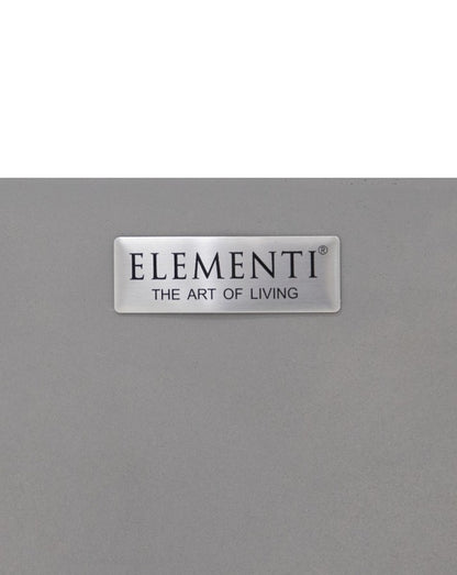 "Close-up of the Elementi brand plate on the Pacaya Round Hidden Propane Tank Fire Pit Table. This premium light grey GFRC concrete fire feature embodies modern outdoor elegance, showcasing the 'Elementi - The Art of Living' emblem as a mark of quality and craftsmanship.