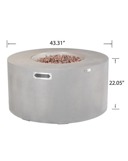 Elementi Pacaya Round Hidden Propane Tank Fire Pit Table in light grey GFRC concrete, showcasing its sleek 43.31-inch diameter and 22.05-inch height. Designed for both warmth and style, this modern fire feature enhances any outdoor space with its contemporary aesthetic and lava rock-filled burner.