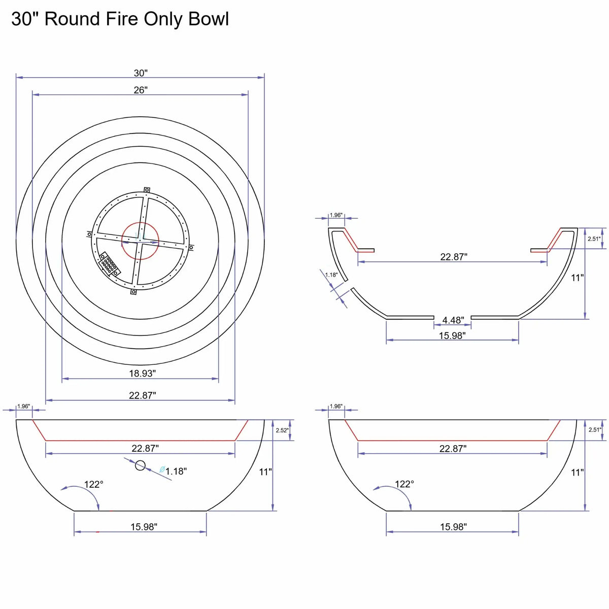 FH-BL-SRN-BWL-FO-30-Round-Bowl-Fire-Bowl-V3.webp – Detailed technical drawing of a 30 inch round fire only bowl showing top, side, and cross-section views with precise measurements for outdoor fire pit construction.