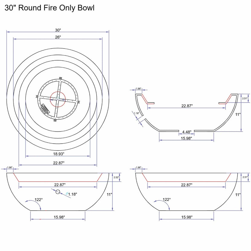 FH-BL-SRN-BWL-FO-30-Round-Bowl-Fire-Bowl-V3.webp – Detailed technical drawing of a 30 inch round fire only bowl showing top, side, and cross-section views with precise measurements for outdoor fire pit construction.