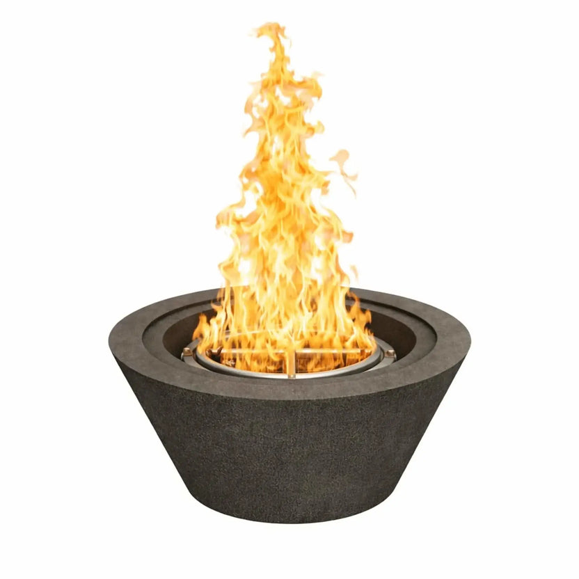 24 inch round cone fire bowl in a flame black finish, shown with a tall vibrant gas flame rising from a stainless steel burner, featuring a modern tapered concrete design ideal for contemporary outdoor fire pit installations.