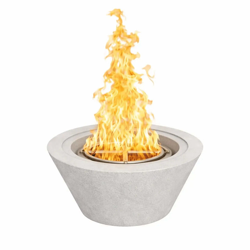 24 inch round cone fire pit in a smooth gray finish, displaying a full natural gas flame emerging from a circular stainless steel burner, designed to add warmth and modern style to outdoor living spaces.