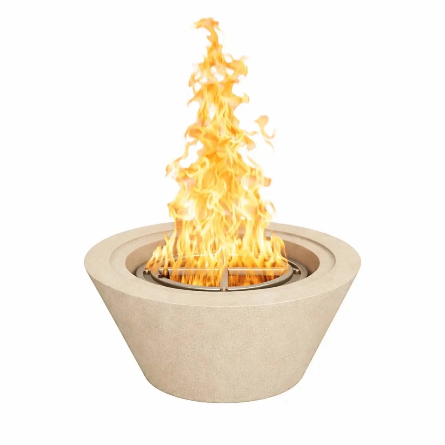 24 inch round cone fire bowl finished in white concrete, featuring a high dancing flame from a precision stainless steel burner, offering a clean modern fire feature for patios, courtyards, and outdoor seating areas.