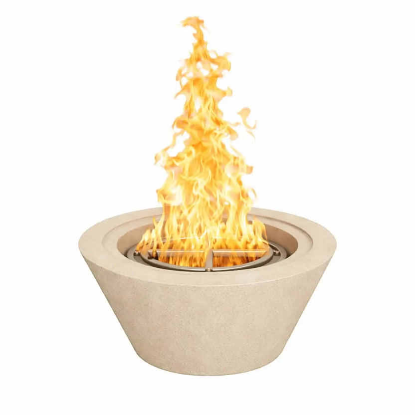 24 inch round cone fire bowl finished in white concrete, featuring a high dancing flame from a precision stainless steel burner, offering a clean modern fire feature for patios, courtyards, and outdoor seating areas.
