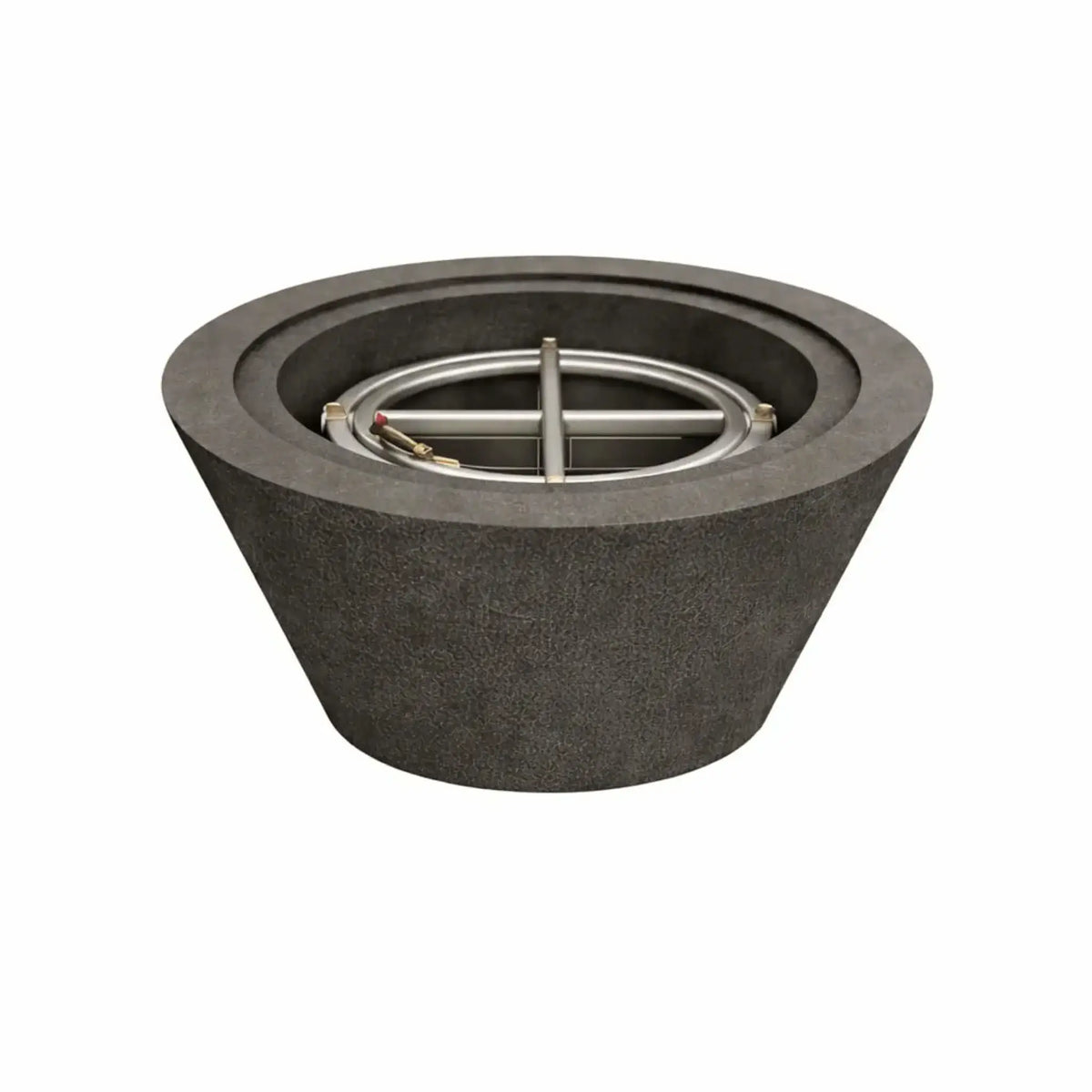 24 inch round cone fire pit in flame black with the burner visible and unlit, showcasing the minimalist concrete body and stainless steel fire ring designed for gas fire feature installations.