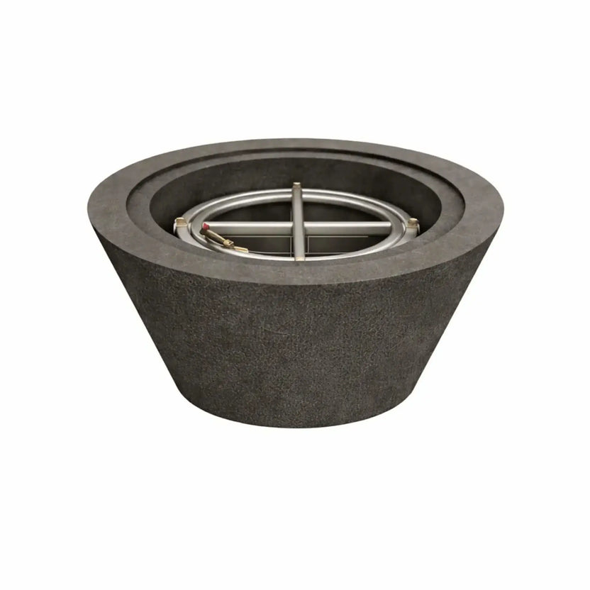 24 inch round cone fire pit in flame black with the burner visible and unlit, showcasing the minimalist concrete body and stainless steel fire ring designed for gas fire feature installations.