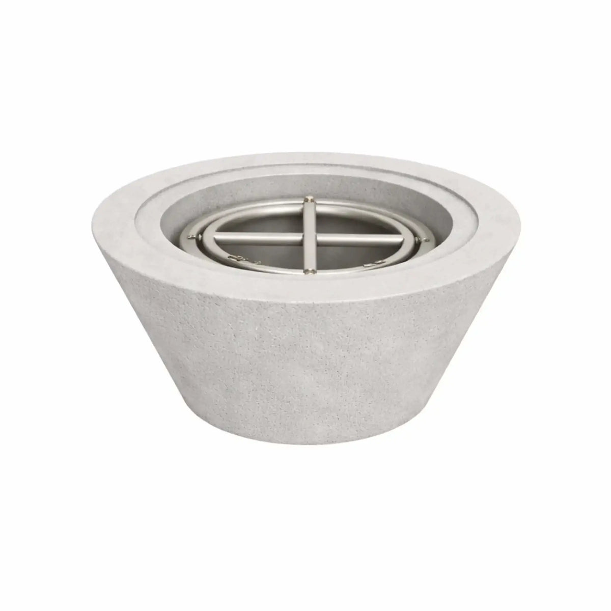 24 inch round cone fire bowl in a gray finish shown without flame, highlighting the tapered concrete construction and stainless steel burner assembly for modern outdoor fire pit designs.