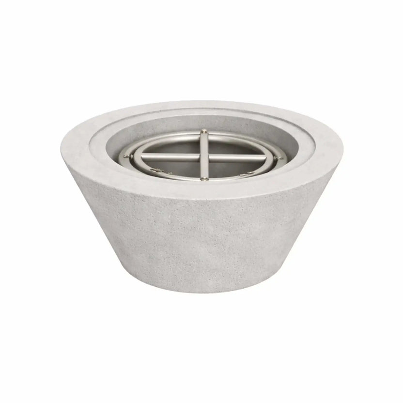 24 inch round cone fire bowl in a gray finish shown without flame, highlighting the tapered concrete construction and stainless steel burner assembly for modern outdoor fire pit designs.
