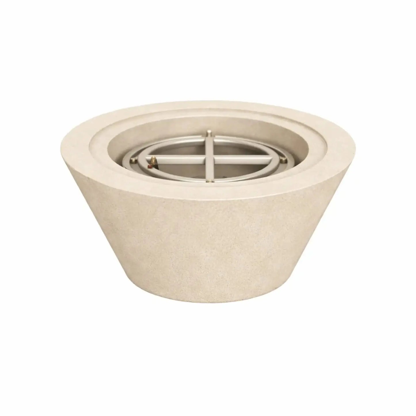 24 inch round cone fire pit in white concrete without flame, displaying the clean sculpted form and stainless steel burner insert suited for contemporary outdoor fire features.