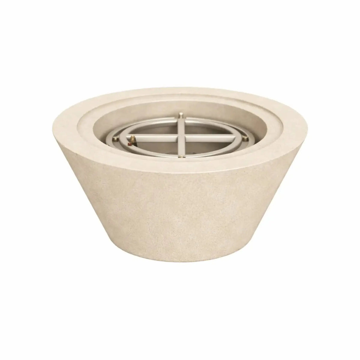 24 inch round cone fire pit in white concrete without flame, displaying the clean sculpted form and stainless steel burner insert suited for contemporary outdoor fire features.