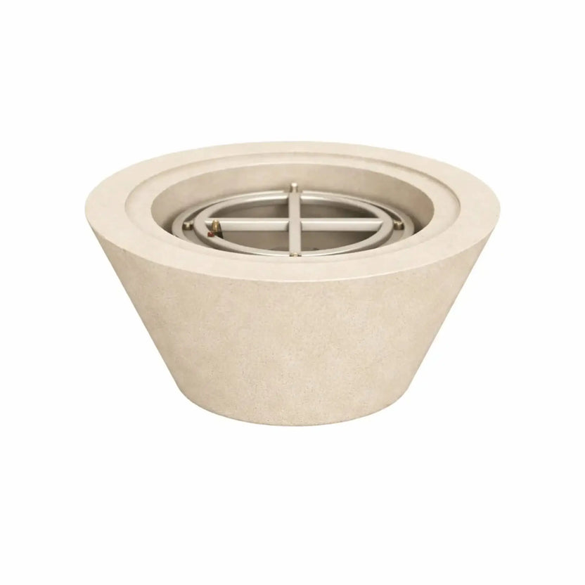 24 inch round cone fire pit in white concrete without flame, displaying the clean sculpted form and stainless steel burner insert suited for contemporary outdoor fire features.