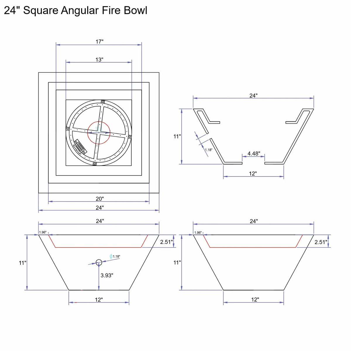 Technical dimension drawing of the 24 inch square angular fire bowl, showing top view, side profile, burner placement, wall thickness, and precise measurements for custom GFRC concrete fire bowl installations.