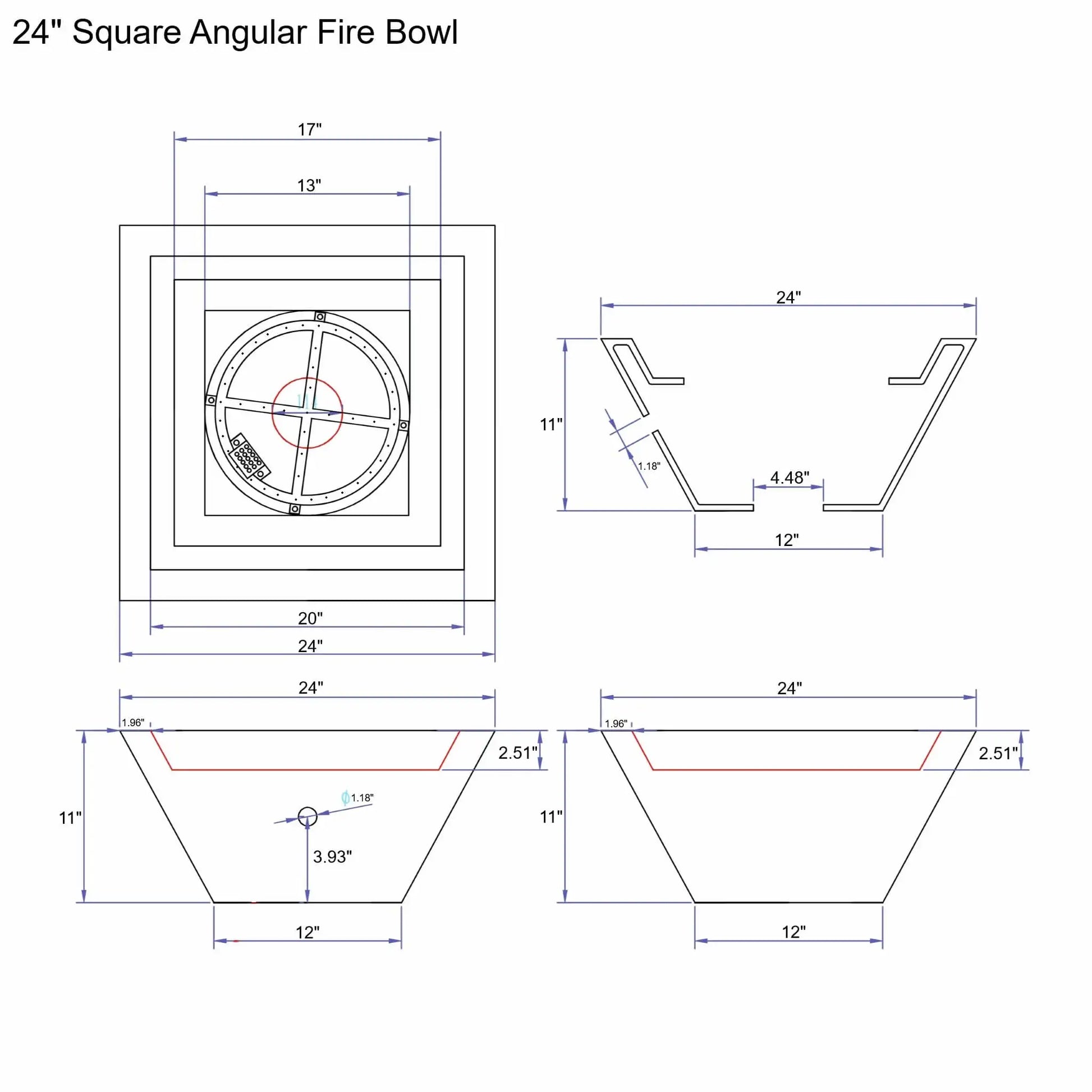 Technical dimension drawing of the 24 inch square angular fire bowl, showing top view, side profile, burner placement, wall thickness, and precise measurements for custom GFRC concrete fire bowl installations.