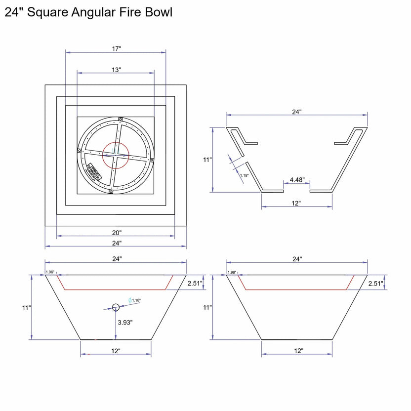 Technical dimension drawing of the 24 inch square angular fire bowl, showing top view, side profile, burner placement, wall thickness, and precise measurements for custom GFRC concrete fire bowl installations.