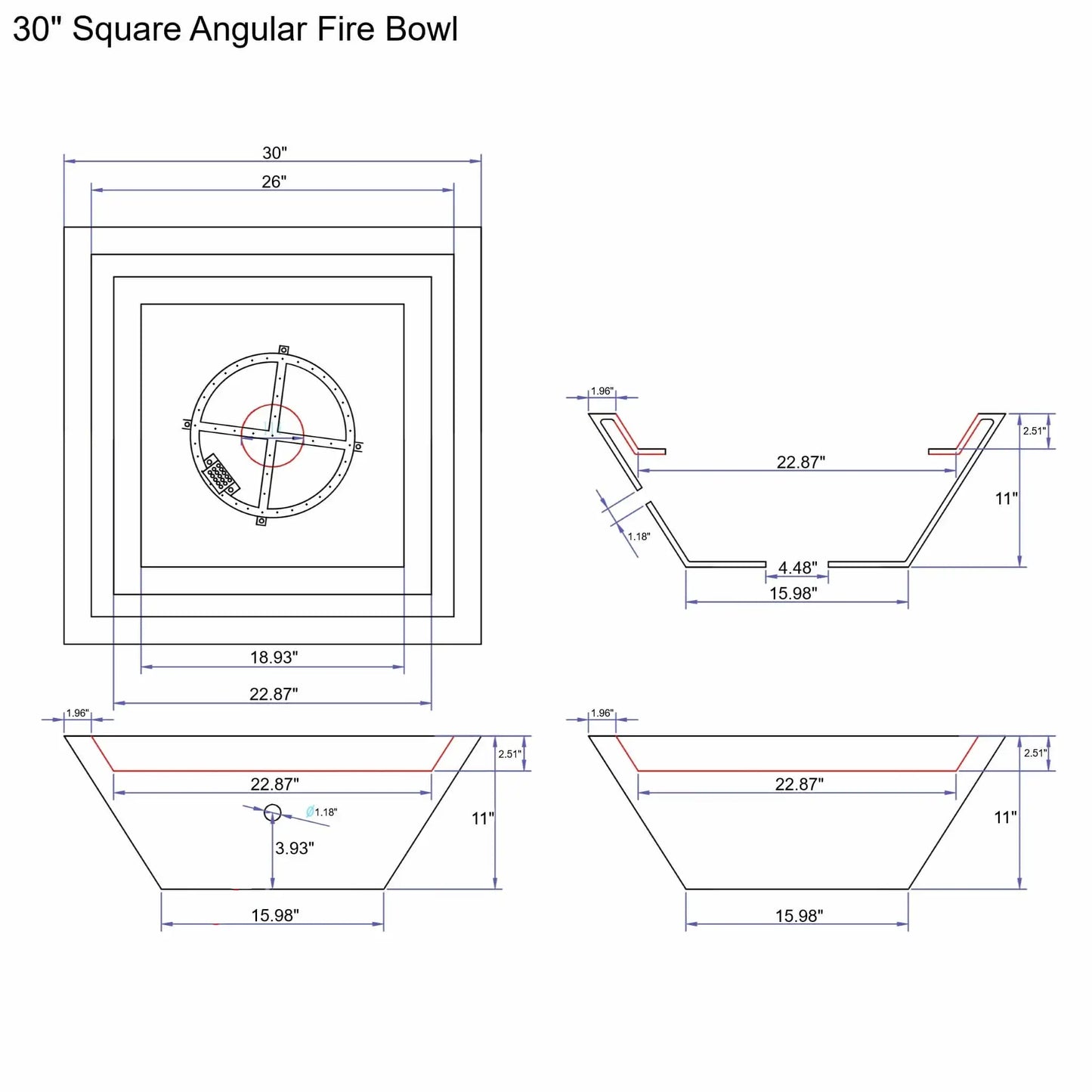 30 inch square angular fire bowl technical drawing showing top, side, and cross-section views with precise dimensions, burner placement, wall thickness, and overall depth for custom fire pit installations.