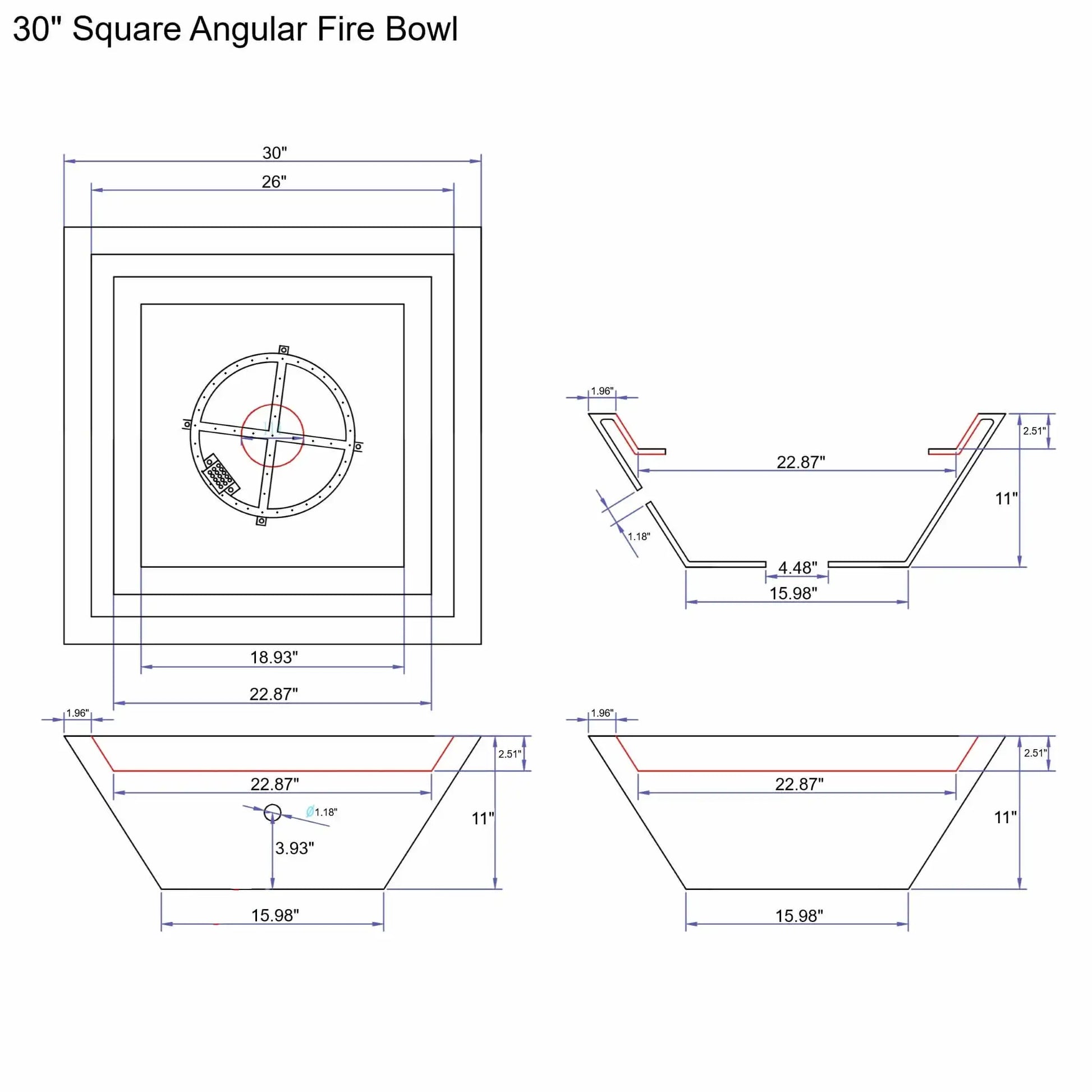 30 inch square angular fire bowl technical drawing showing top, side, and cross-section views with precise dimensions, burner placement, wall thickness, and overall depth for custom fire pit installations.
