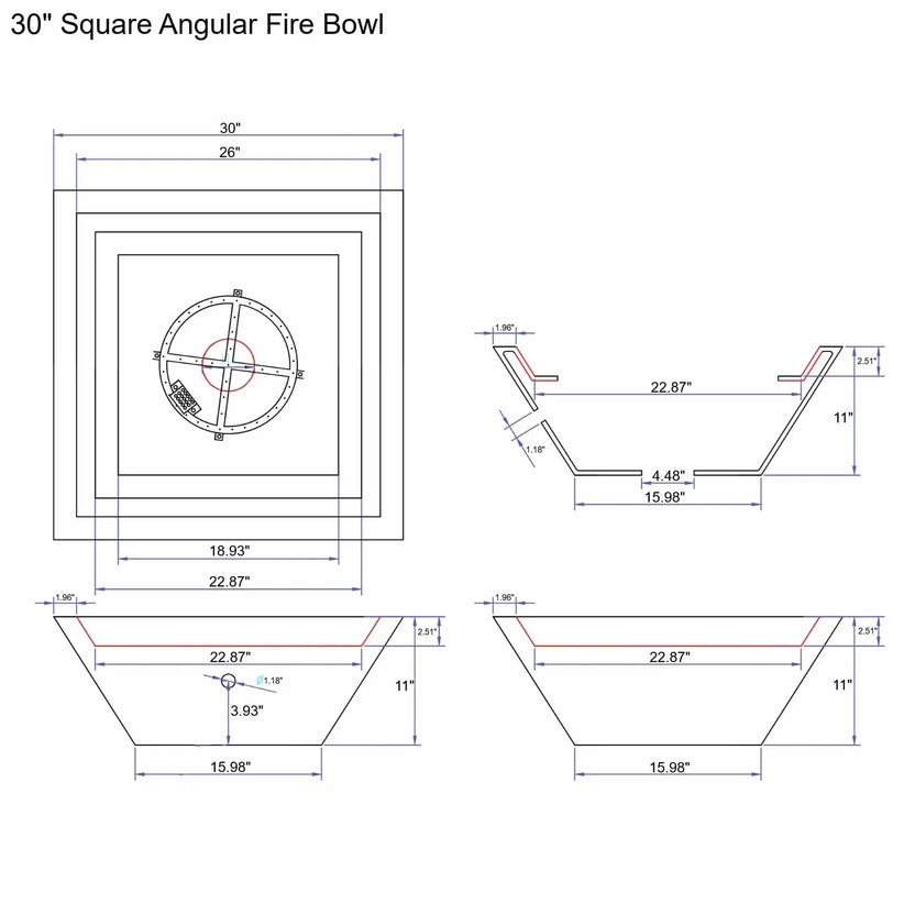 30 inch square angular fire bowl technical drawing showing top, side, and cross-section views with precise dimensions, burner placement, wall thickness, and overall depth for custom fire pit installations.