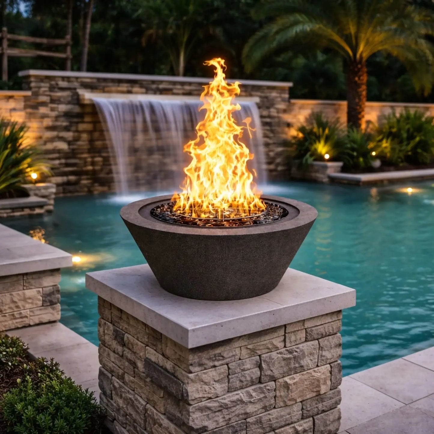 Flame Havens 24–30 inch round cone fire bowl in black, installed on a stone pillar beside a luxury backyard pool with a cascading waterfall, featuring reflective black fire glass and a tall vibrant flame that adds modern warmth and dramatic contrast to an upscale outdoor living space.