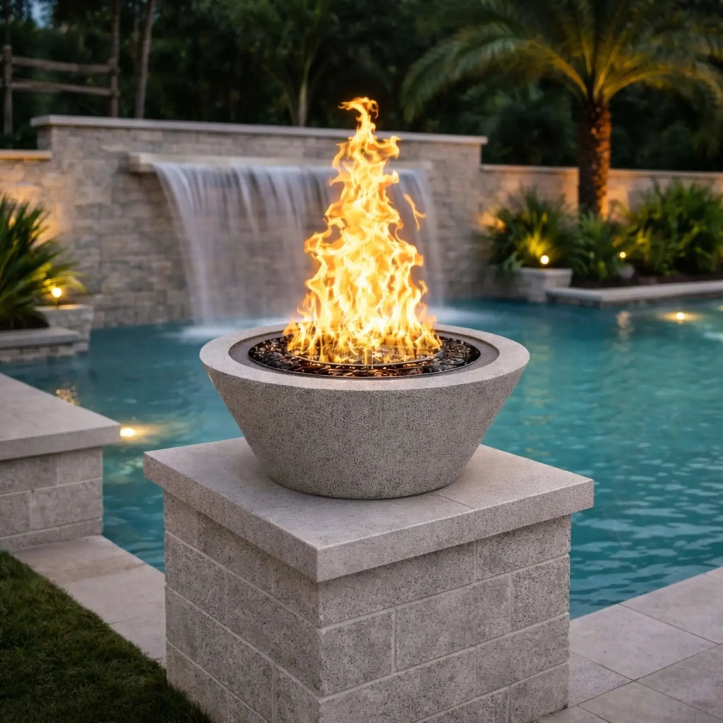 Flame Havens gray round cone style fire bowl mounted on a masonry pedestal near a resort-style swimming pool, accented by a natural stone waterfall and lush landscaping, with reflective black fire glass creating a clean, contemporary fire feature ideal for custom pool and spa designs.