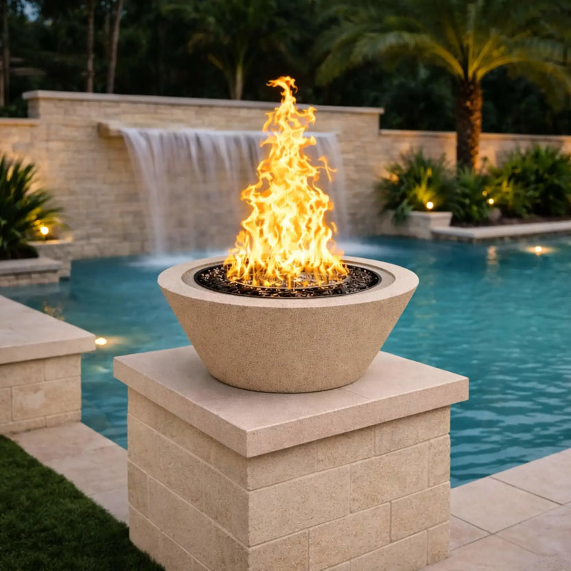 Flame Havens white round cone fire bowl showcased on a pillar in a luxury backyard pool setting, framed by a tranquil waterfall and palm landscaping, using reflective black fire glass to produce a bold flame that complements elegant outdoor architecture and custom water features.