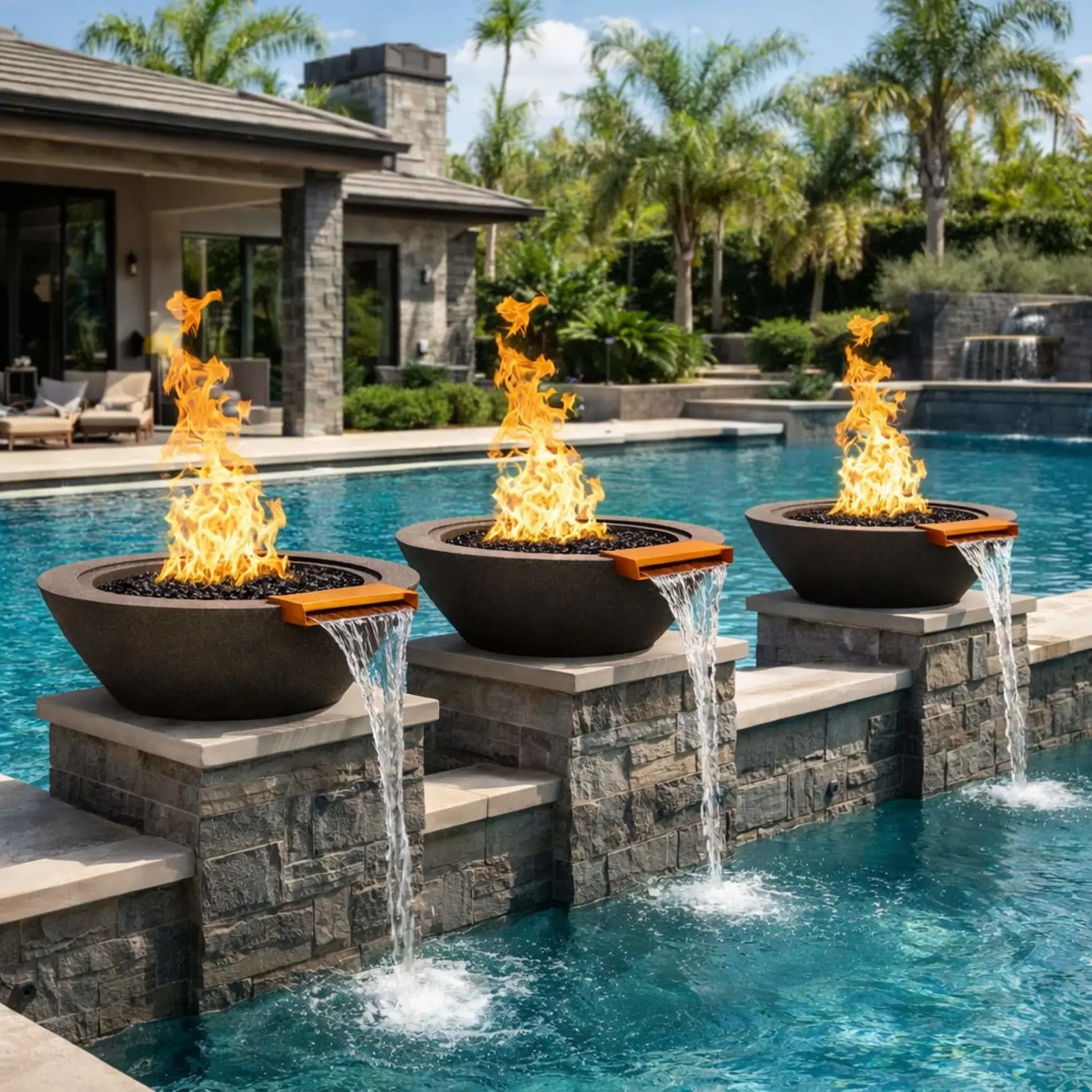 Three black cone style fire and water bowls installed on stone pedestals along a swimming pool, each bowl displaying tall gas flames over black fire media while water flows from bronze spillways into the pool, creating a striking fire and water feature in a luxury outdoor setting.