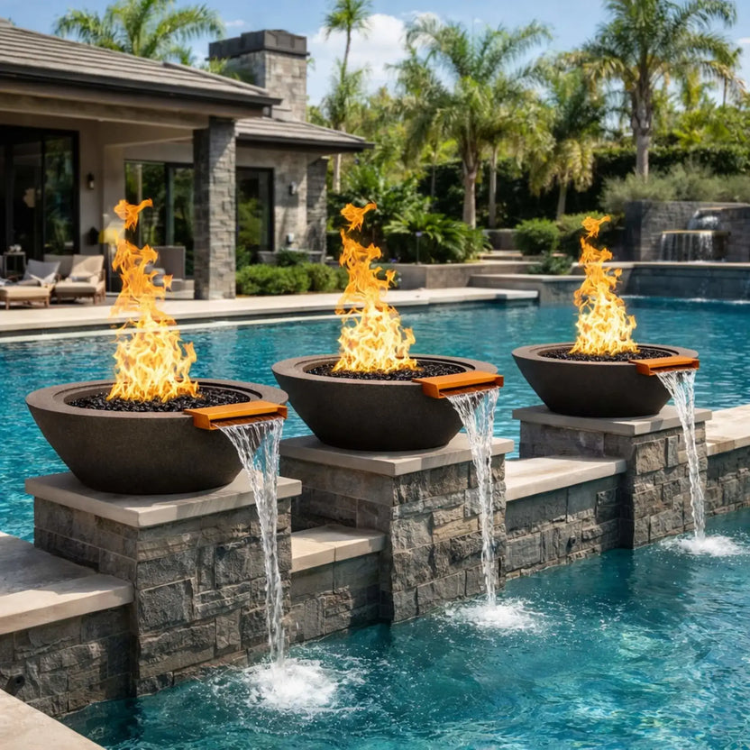 Three black cone style fire and water bowls installed on stone pedestals along a swimming pool, each bowl displaying tall gas flames over black fire media while water flows from bronze spillways into the pool, creating a striking fire and water feature in a luxury outdoor setting.