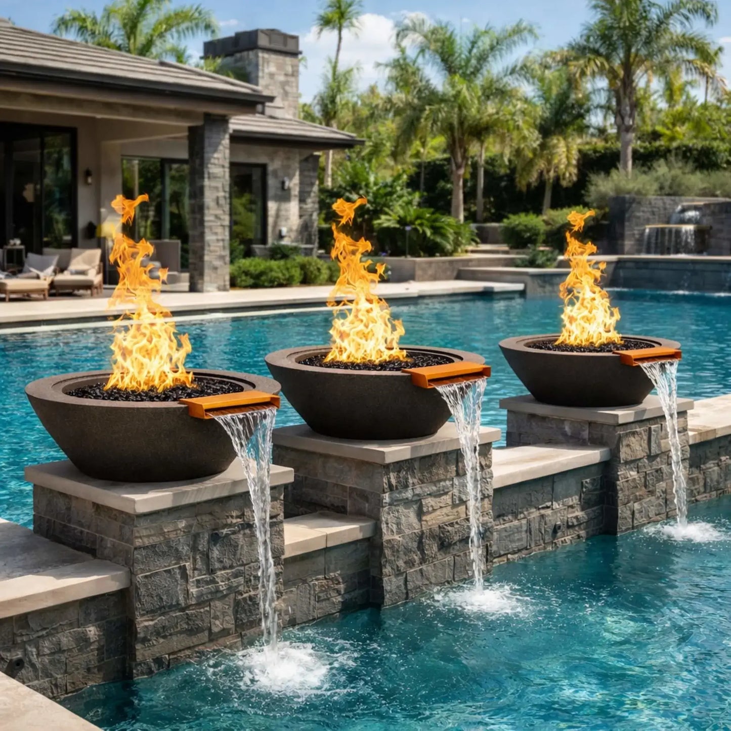 Three black cone style fire and water bowls installed on stone pedestals along a swimming pool, each bowl displaying tall gas flames over black fire media while water flows from bronze spillways into the pool, creating a striking fire and water feature in a luxury outdoor setting.