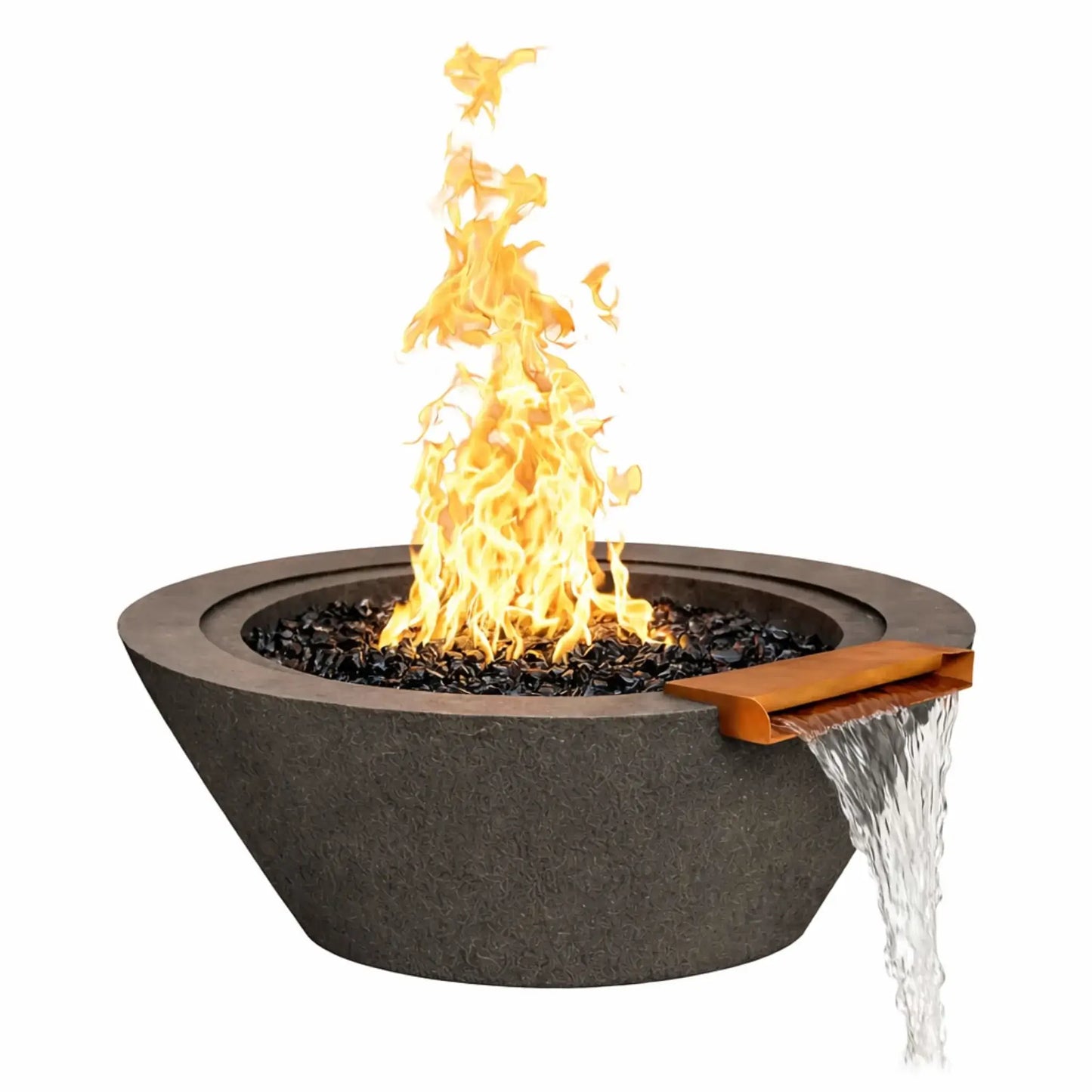 Black round cone-style fire and water bowl featuring a textured concrete finish, black fire glass, tall gas flame, and integrated spillway waterfall flowing from a bronze accent scupper.