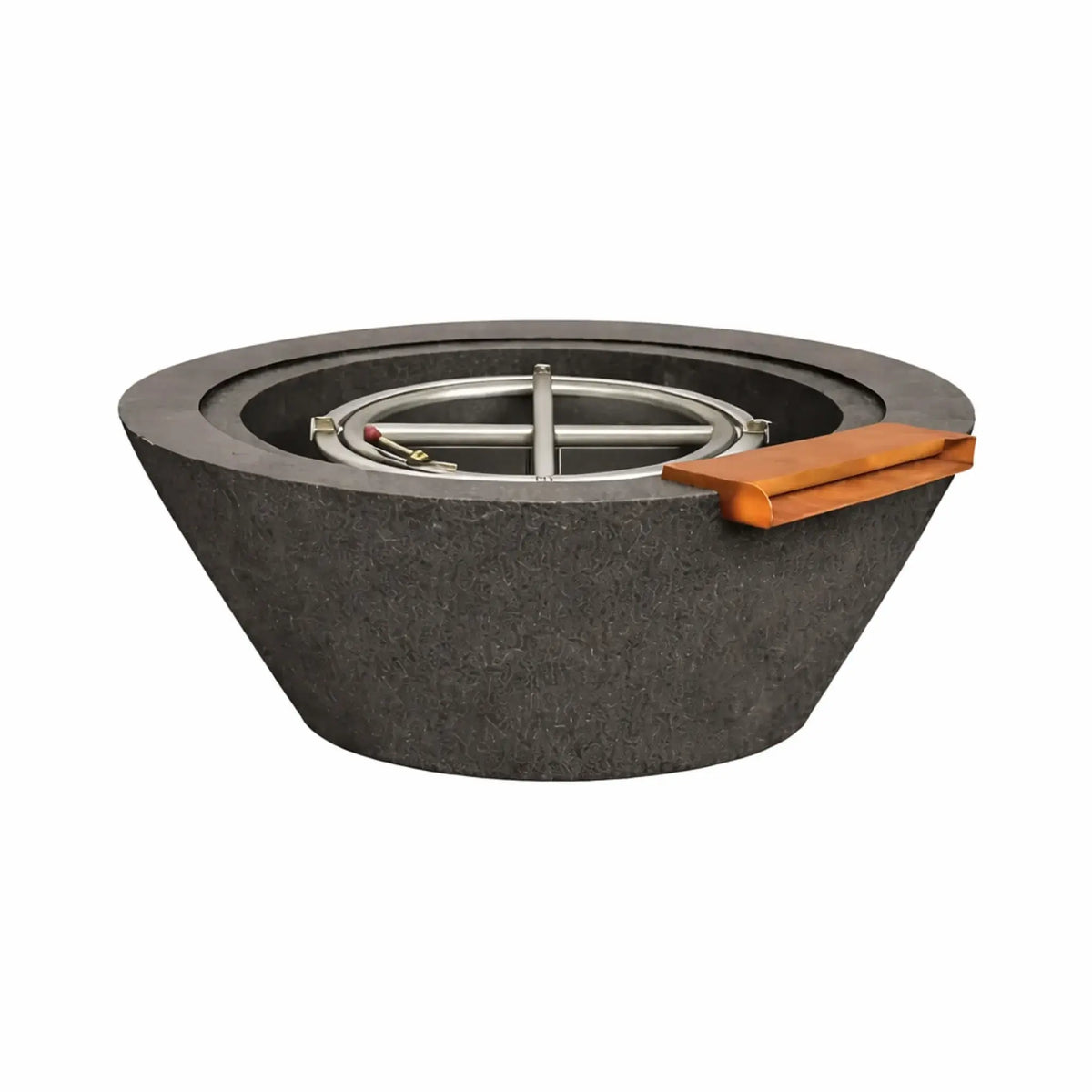 Black round cone style concrete fire and water bowl with a textured finish, featuring a sloped profile, integrated bronze spillway, and stainless steel gas burner insert, isolated on a white background for product detail clarity.