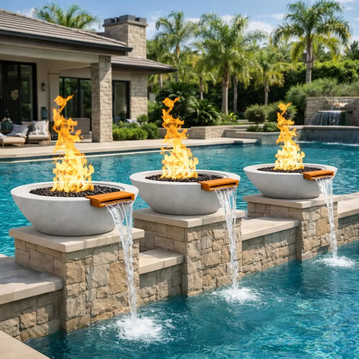 Row of cone-style fire and water bowls with active flames and cascading water features mounted on stone pedestals along a swimming pool, creating a dramatic fire-and-water focal point in a modern outdoor living space.