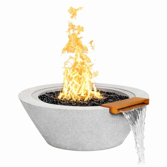 Light gray round cone-style fire and water bowl with a wide basin, black fire glass, tall flame in operation, and a front spillway waterfall cascading over a bronze scupper against a white background.