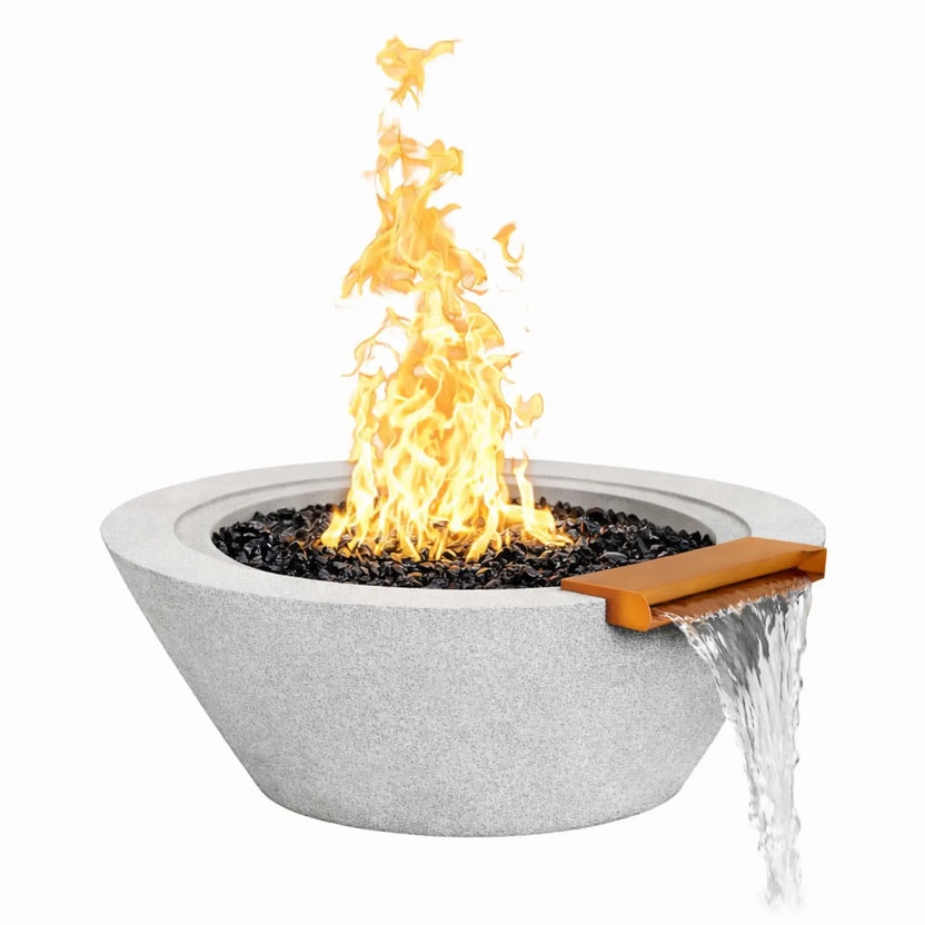 Light gray round cone-style fire and water bowl with a wide basin, black fire glass, tall flame in operation, and a front spillway waterfall cascading over a bronze scupper against a white background.