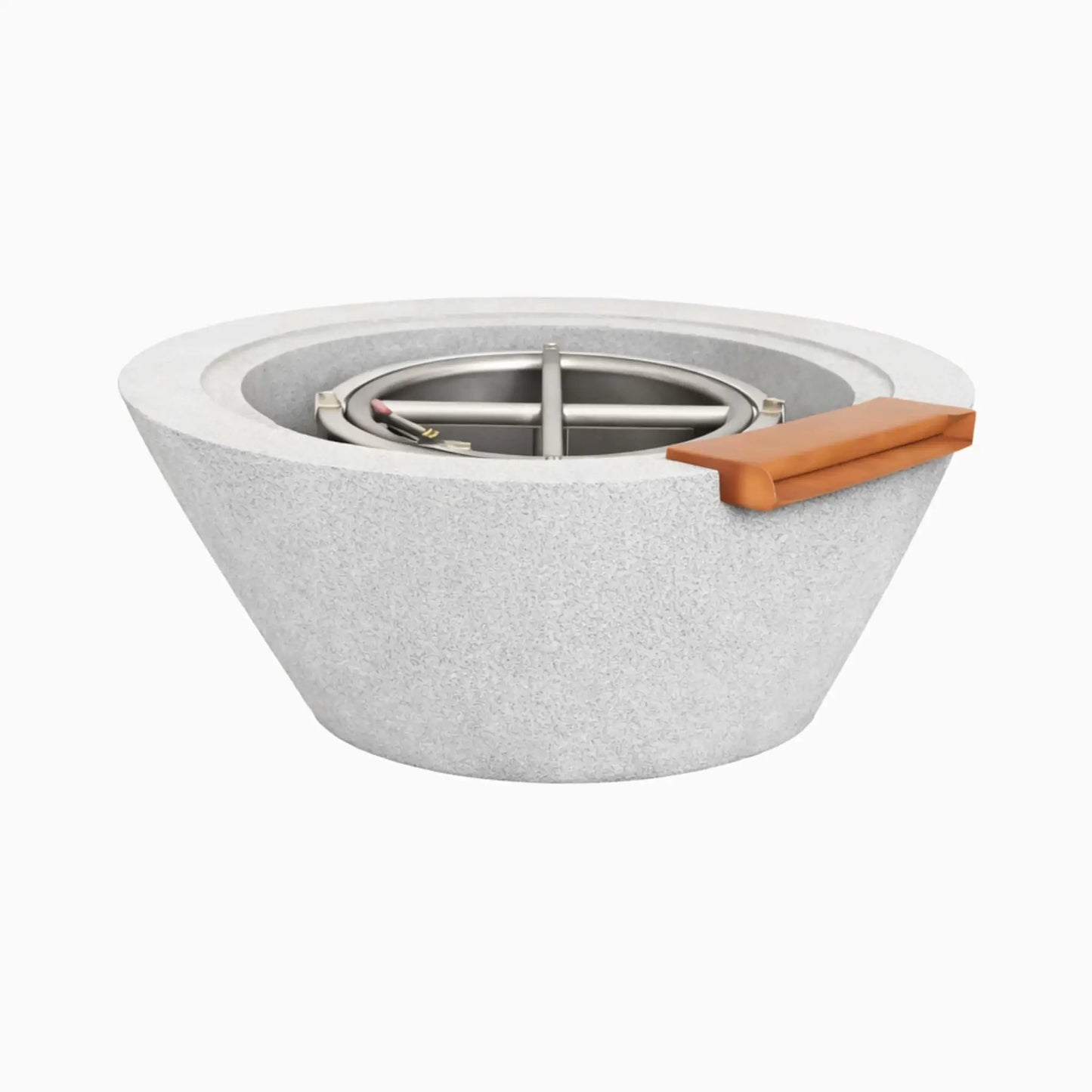 Gray round cone style concrete fire and water bowl featuring a tapered design, textured finish, integrated bronze spillway, and stainless steel gas burner assembly, shown against a white background to highlight shape and construction details.