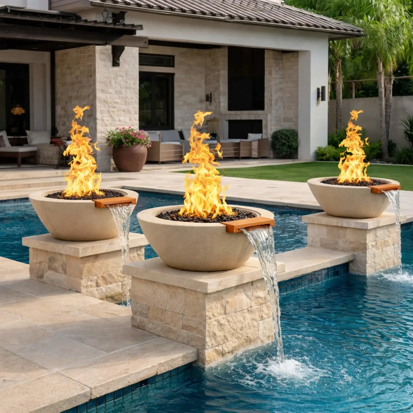 Three round cone-style fire and water bowls installed along a pool edge, each featuring tall natural gas flames rising from black fire glass and a smooth spillway waterfall flowing into the swimming pool, set in a luxury backyard with stone columns and palm trees.